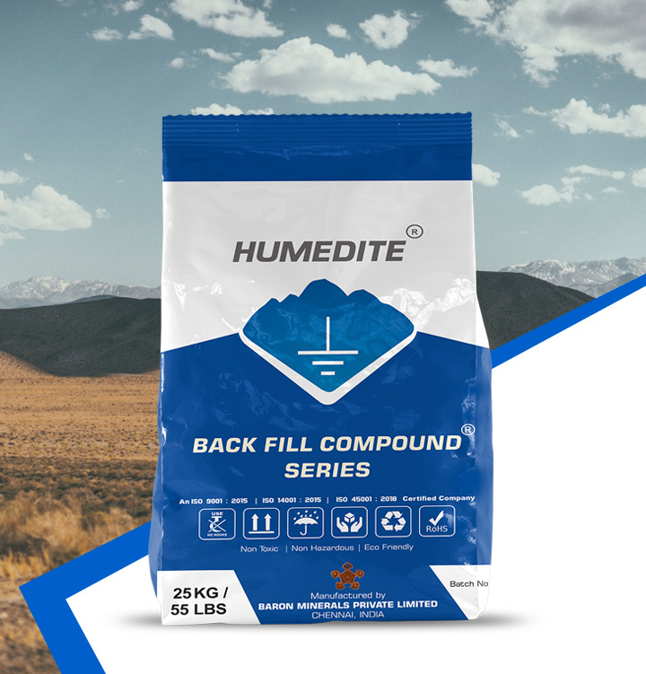 Humedite Back Fill Compound – Moisture-retaining compound for semi-rocky soil conditions. Ensures low electrical resistivity (1-5 ohm-meter) for effective fault current dissipation. Available in 25 Kg. Get it from Baron Minerals.