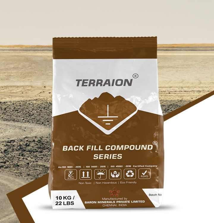 Terraion Back Fill Compound – Advanced soil ionizing material for earthing systems. Reduces soil resistivity and enhances conductivity for effective grounding. Available in 10 Kg. Ideal for Earth Pit recharging. Buy now at Baron Minerals.