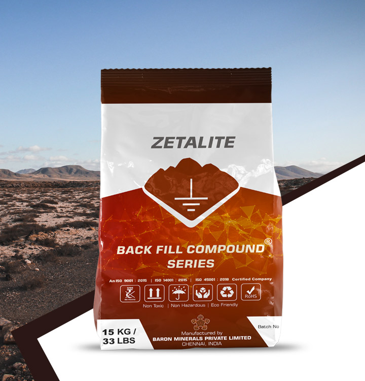 Zetalite Back Fill Compound – Conductive soil material with high water retention. Enhances electrode performance with minimal shrinkage. pH range 8.0-10.0, resistivity ~0.5 ohm-meter. Available in 15 Kg. Shop now at Baron Minerals.